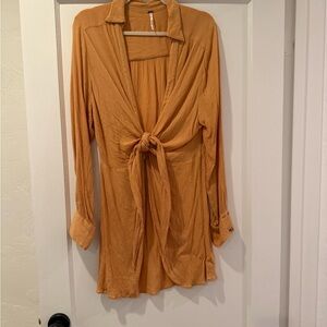 Free People Button-Front Tie-Front Long Sleeve Tunic in Mustard